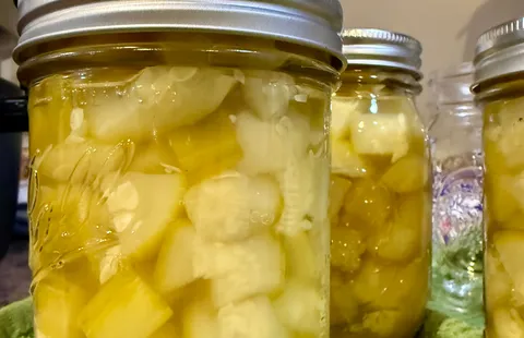 Glass jars filled with home-canned zucchini pineapple, showing pale zucchini cubes in a golden pineapple juice syrup, sealed with metal lids and cooling on a towel.
