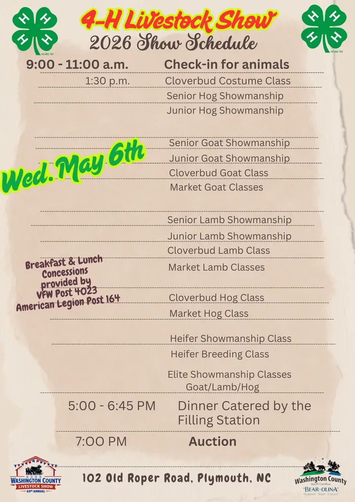 Schedule of events for the 2026 4-H Livestock Show and Sale