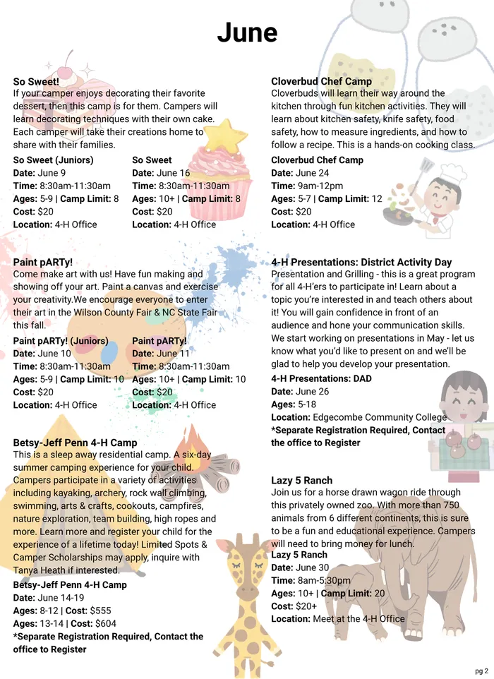 2nd page of Summer Fun 2026 Flyer. Camps in June. Clip art coincides with camps offered.