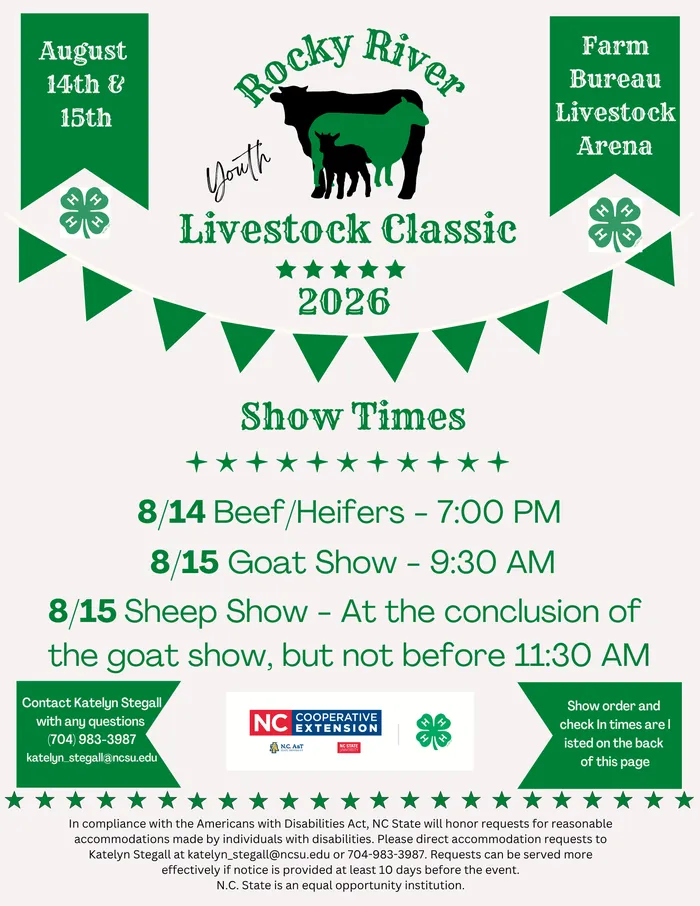 Event flyer for the Rocky River Youth Livestock Classic 2026 at the Farm Bureau Livestock Arena on August 14th & 15th. Show times: Beef/Heifers on 8/14 at 7:00 PM; Goat Show on 8/15 at 9:30 AM; Sheep Show on 8/15 following the goat show (not before 11:30