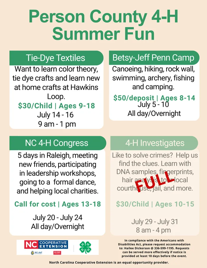 4-H Summer Fun! Day and overnight camps from June 2 - July 29. Camps for ages 5-18.