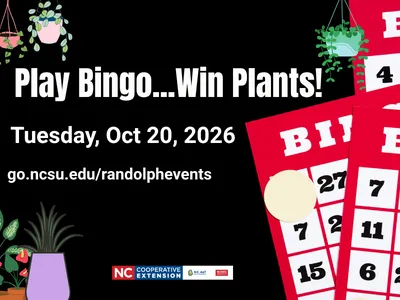 An event graphic titled "Play Bingo...Win Plants!" taking place on Tuesday, Oct 20, 2026. The black background is decorated with red Bingo cards and potted houseplant illustrations,