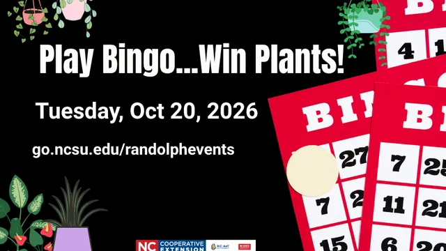 An event graphic titled "Play Bingo...Win Plants!" taking place on Tuesday, Oct 20, 2026. The black background is decorated with red Bingo cards and potted houseplant illustrations,