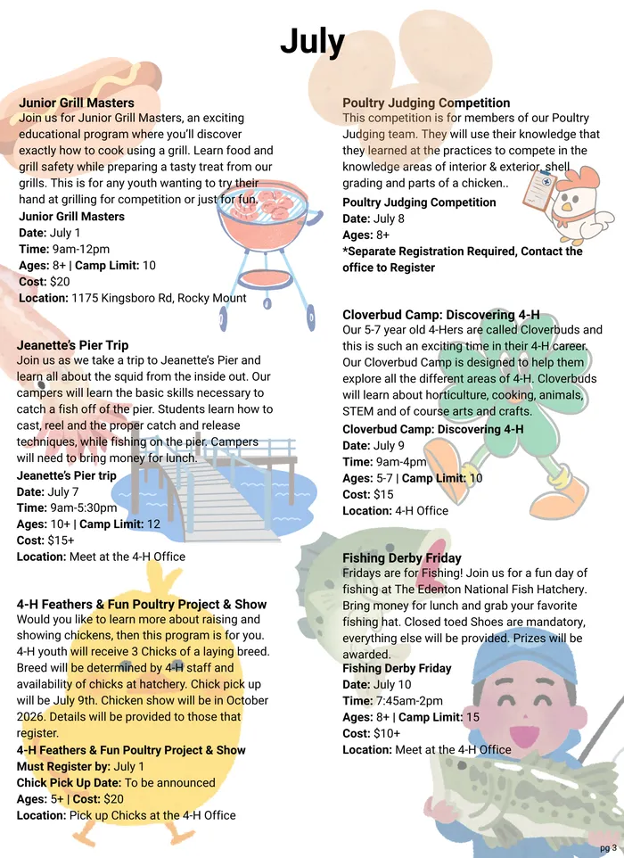 3rd page of Summer Fun 2026 Flyer. Camps in July. Clip art coincides with camps offered.