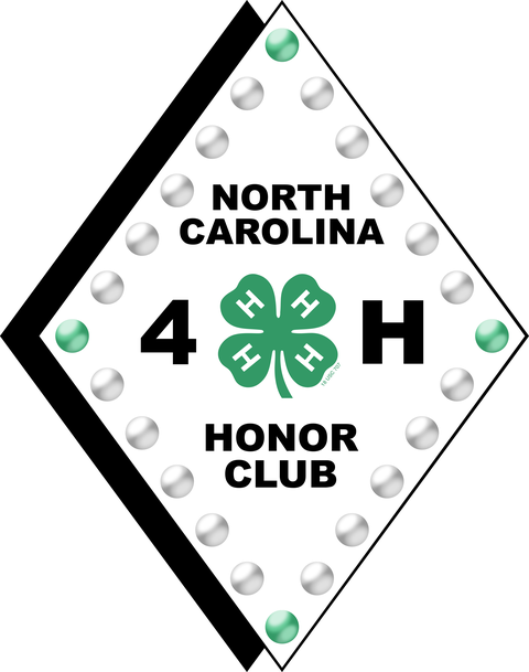 NC 4-H Honor Club logo: A diamond-shaped white badge featuring the 4-H clover emblem and bold black text reading “NORTH CAROLINA 4-H HONOR CLUB,” bordered by shiny pearls.