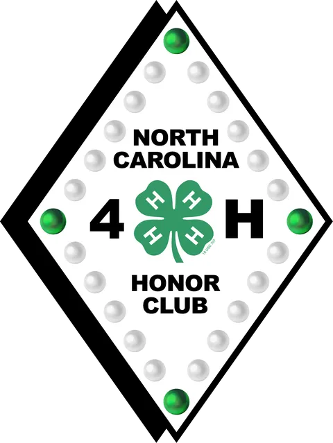NC 4-H Honor Club logo: A diamond-shaped white badge featuring the 4-H clover emblem and bold black text reading “NORTH CAROLINA 4-H HONOR CLUB,” bordered by shiny pearls.