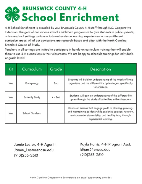 4-H Brunswick County School Enrichment Flyer