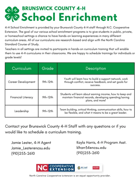4-H Brunswick County School Enrichment Flyer