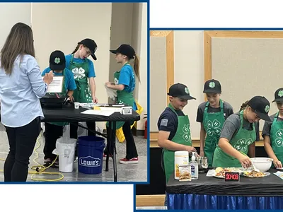 Two photos, side-by-side of 4-Hers preparing food for competition