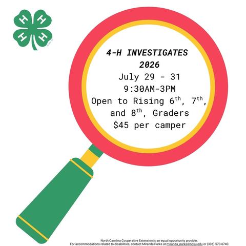4-H Investigates 2026
July 29 through July 31
9:30AM to 3PM
Open to rising 6th, 7th, and 8th graders
$45 per camper
Green 4-H Clover Logo