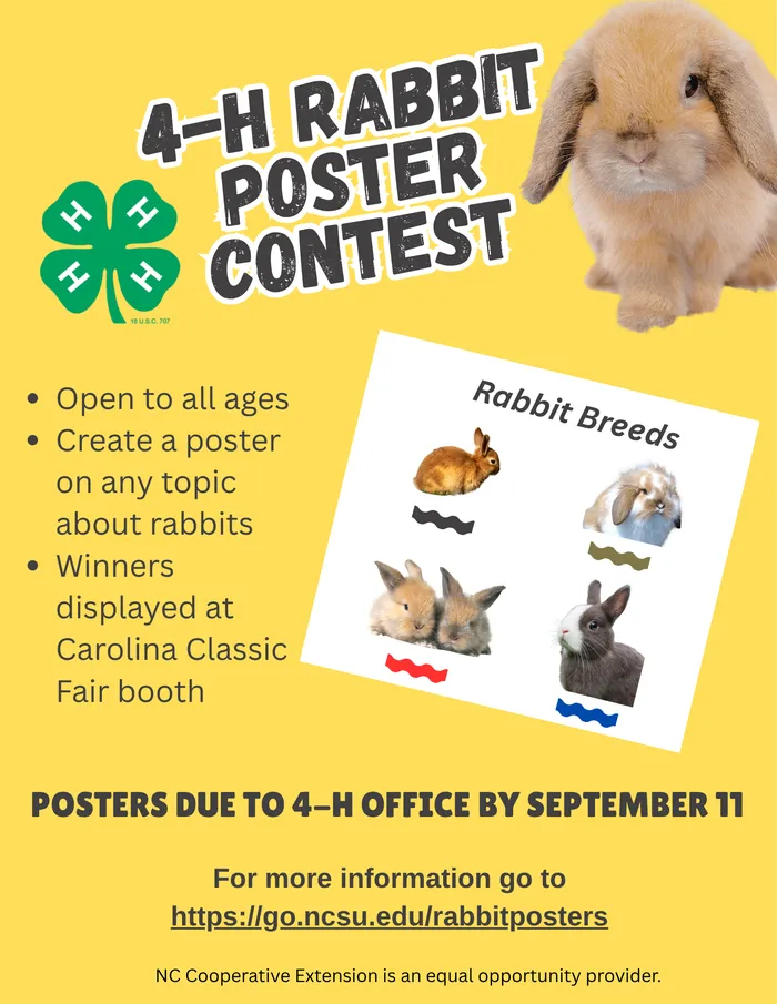 4-H Rabbit Poster ContestOpen to all ages Create a poster on any rabbit topic Winners displayed at Carolina Classic Fair Posters due September 11