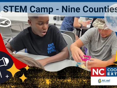Students collaborate on a STEM engineering challenge during the Regional 4-H STEM Camp, which brought youth from nine North Carolina counties together to explore robotics, astronomy, drones, and artificial intelligence through hands-on learning.