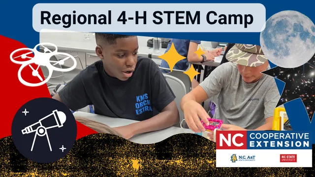 Students collaborate on a STEM engineering challenge during the Regional 4-H STEM Camp, which brought youth from nine North Carolina counties together to explore robotics, astronomy, drones, and artificial intelligence through hands-on learning.