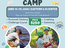 Hyde County 4-H Summer Camp flyer: June 14–19, 2026, Eastern 4-H Center, $250, climbing, crabbing.