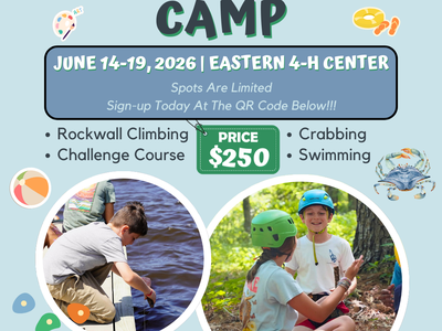 Hyde County 4-H Summer Camp flyer: June 14–19, 2026, Eastern 4-H Center, $250, climbing, crabbing.