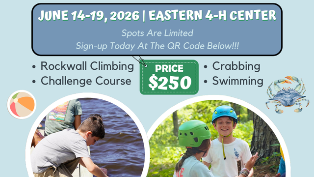 Hyde County 4-H Summer Camp flyer: June 14–19, 2026, Eastern 4-H Center, $250, climbing, crabbing.