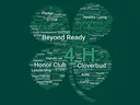 Word cloud graphic in the shape of a clover featuring common 4-H related terms and phrases.