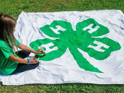 A 4-H member paints a large green 4-H clover emblem on a white fabric banner spread across the grass.