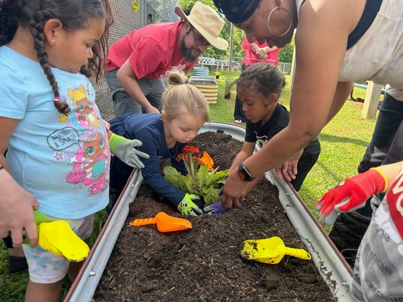 pre-k students planting in a raised bed