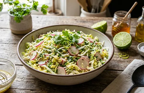 Napa cabbage and turnip slaw in a large bowl