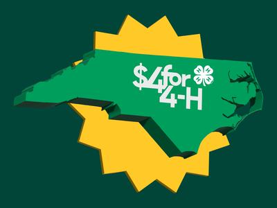 A three-dimensional green silhouette of North Carolina featuring the white “$4 for 4-H” campaign logo and 4-H clover emblem. A large three-dimensional yellow starburst appears behind the state against a dark green background.