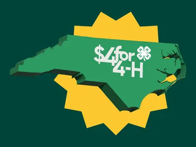 A three-dimensional green silhouette of North Carolina featuring the white “$4 for 4-H” campaign logo and 4-H clover emblem. A large yellow starburst appears behind the state against a dark green background.