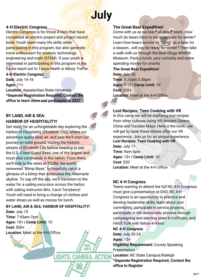 4th page of Summer Fun 2026 Flyer. Camps in July. Clip art coincides with camps offered.
