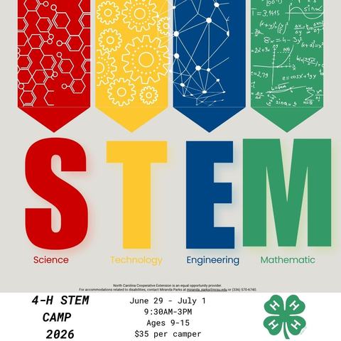 Large letters that spell STEM (science, technology, engineering, and math)
4-H STEM Camp 2026
June 29 through July 1
9:30AM-3PM
Open to ages 9 through 15
$35 per camper
Green 4-H clover logo