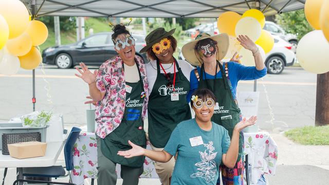 Four Master Gardeners posing in insect masks at a Pollinator Census event
