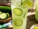 A tall glass of pale green cucumber-lime agua fresca served over ice and garnished with cucumber and lime slices. Fresh cucumber slices and a pitcher of agua fresca sit nearby.