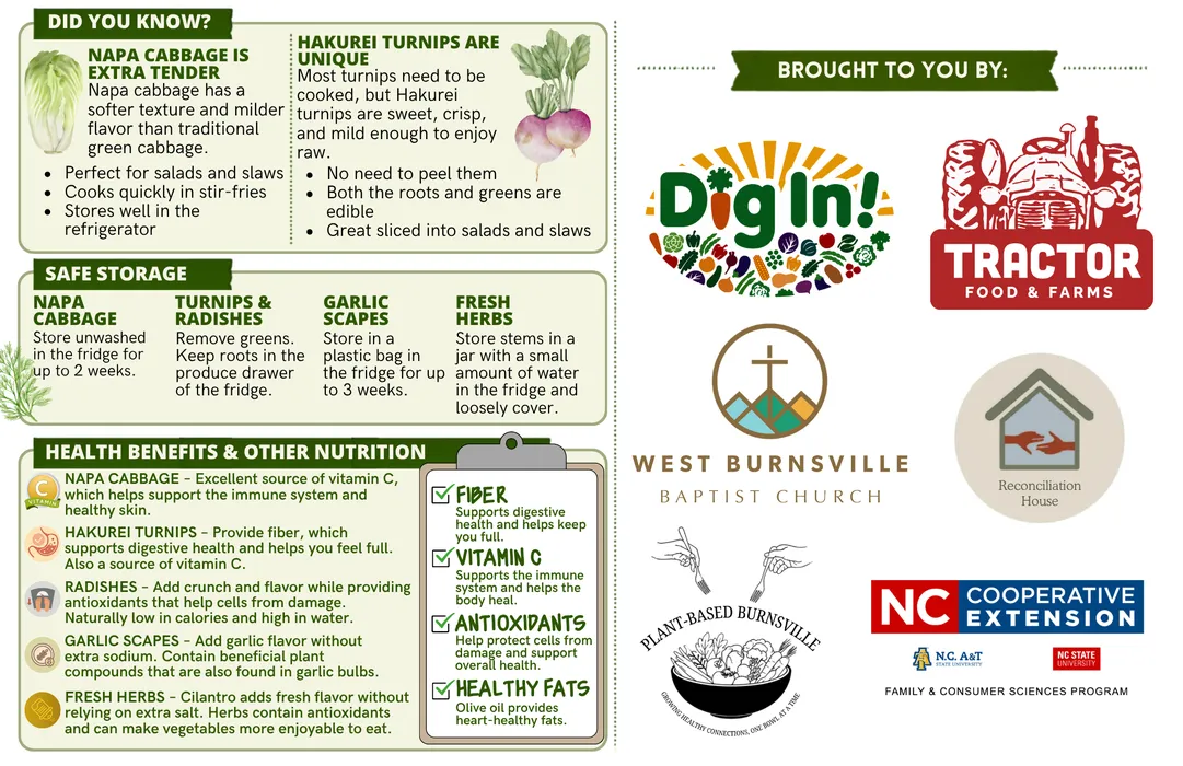 Illustrated recipe tips for Napa cabbage and Hakurei turnip slaw, featuring information about preparing fresh cabbage and turnips, ingredient substitutions, storage guidance, and ways to customize the slaw with seasonal produce.