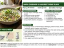 Recipe card for Napa Cabbage & Hakurei Turnip Slaw featuring a photo of a fresh slaw made with napa cabbage, hakurei turnips, radishes, cilantro, and garlic scapes, along with ingredients, honey-lime dressing recipe, step-by-step directions, prep time, se