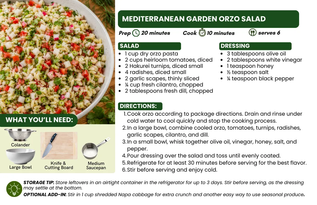 Recipe card for Mediterranean Garden Orzo Salad featuring a photo of an orzo pasta salad with tomatoes, radishes, herbs, and vegetables, along with ingredients, dressing recipe, step-by-step directions, prep and cook times, serving size, required kitchen