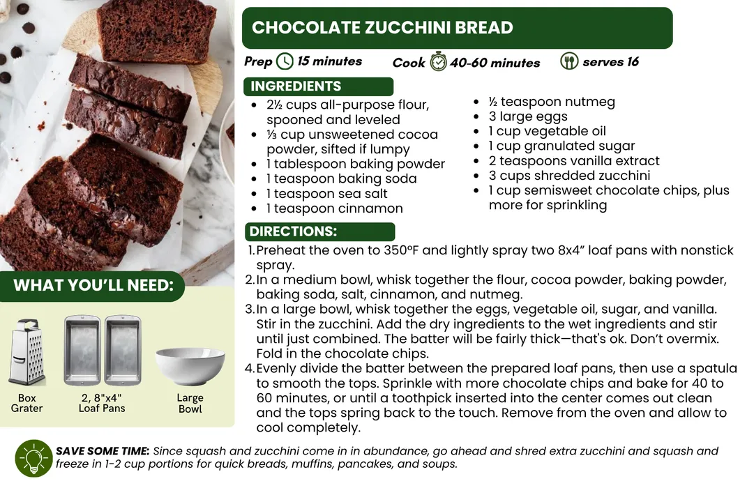 Chocolate zucchini bread sliced on a wooden cutting board, showing a moist texture with melted chocolate chips throughout. The loaf is surrounded by scattered chocolate chips and baking ingredients on a light countertop.