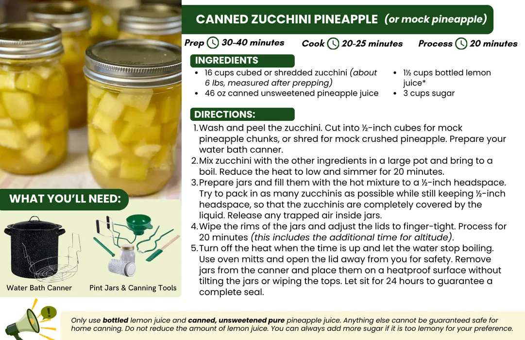 Glass jars filled with home-canned zucchini pineapple, showing pale zucchini cubes in a golden pineapple juice syrup, sealed with metal lids and cooling on a towel.