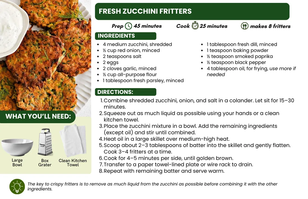 Golden-brown zucchini fritters with visible shredded zucchini and herbs, served on a white plate alongside a bowl of creamy dipping sauce and garnished with fresh dill.