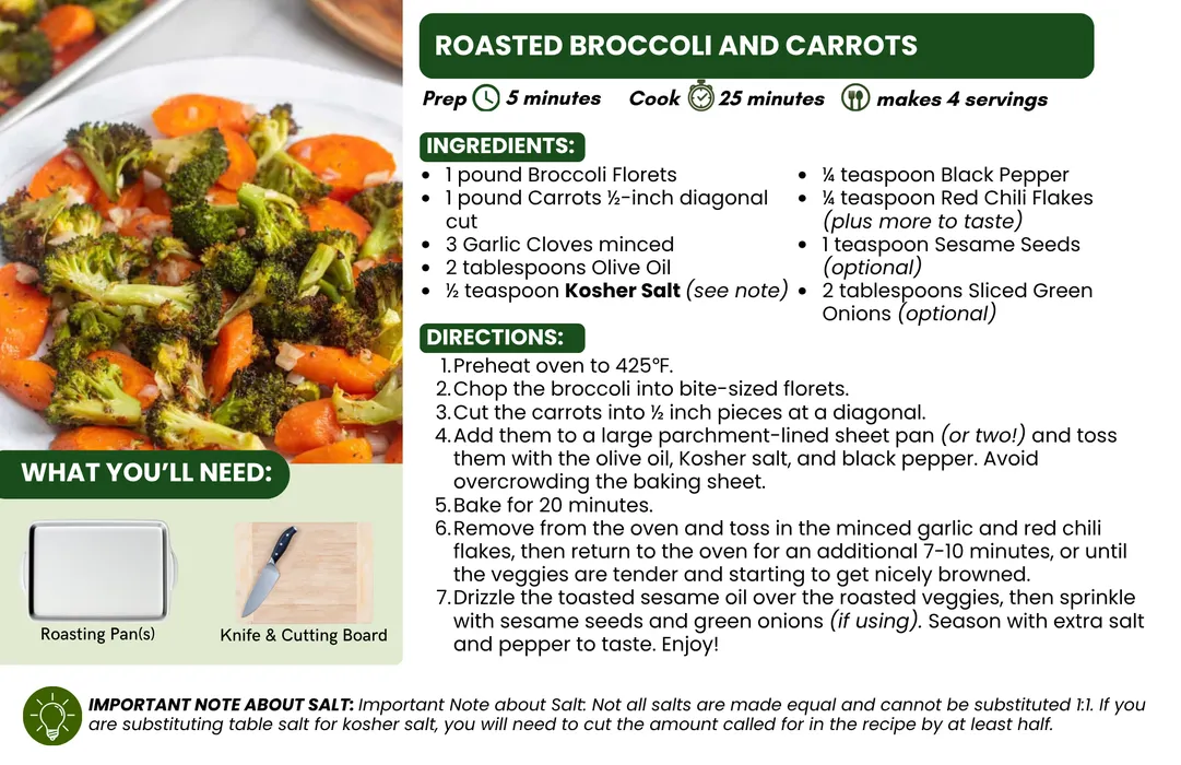 Recipe card for Roasted Broccoli and Carrots featuring a photo of roasted broccoli and carrot slices, an ingredients list, step-by-step directions, prep and cook times, serving size, required kitchen tools, and a note about using kosher salt.