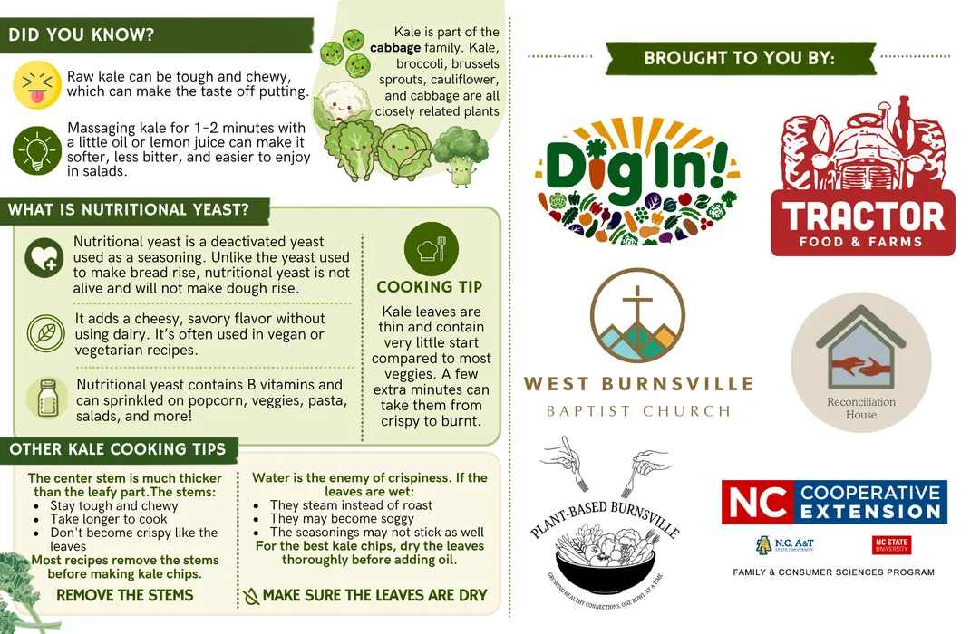 Illustrated recipe tips for crispy “cheesy” kale chips featuring fresh kale and nutritional yeast, with information about preparing kale, using nutritional yeast for savory flavor, and tips for making crisp, flavorful kale chips.