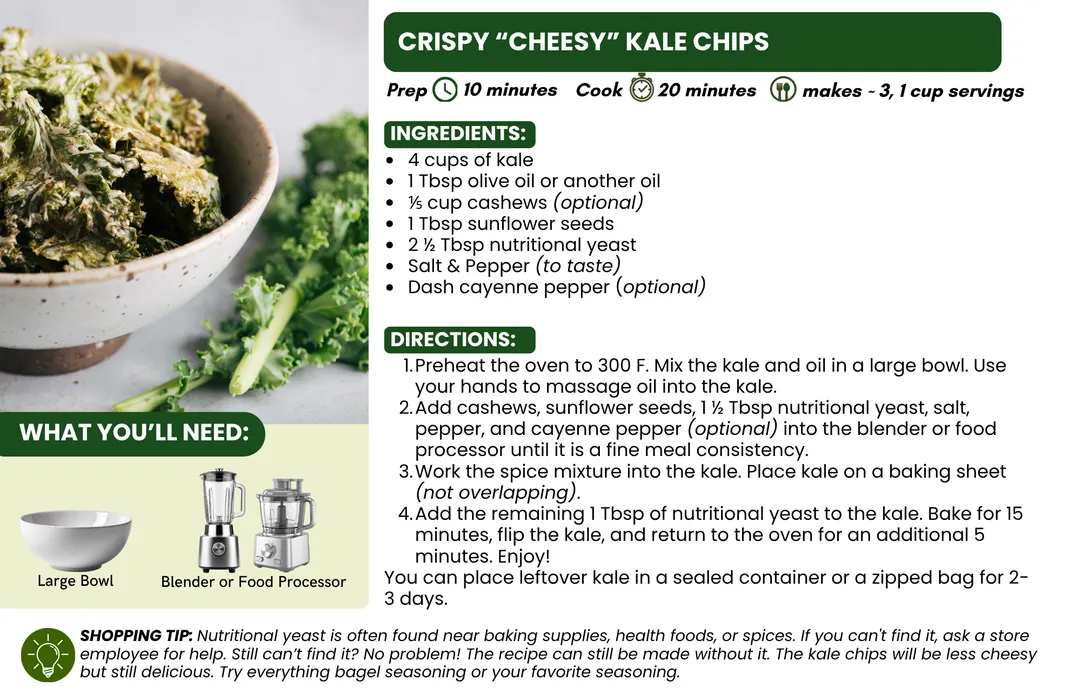 Recipe card for Crispy "Cheesy" Kale Chips featuring a photo of crispy baked kale chips, an ingredients list, step-by-step directions, prep and cook times, serving size, required kitchen tools, and a shopping tip about nutritional yeast.