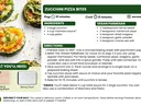 Recipe featuring an image of a sheet pan of baked zucchini pizza bites topped with tomato sauce, melted cheese, and herbs, with lightly browned edges and colorful pizza toppings.