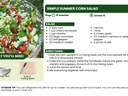Recipe featuring an image of a bowl of fresh summer corn salad with sweet corn kernels, cherry tomatoes, cucumber, and fresh herbs tossed together in a light dressing.