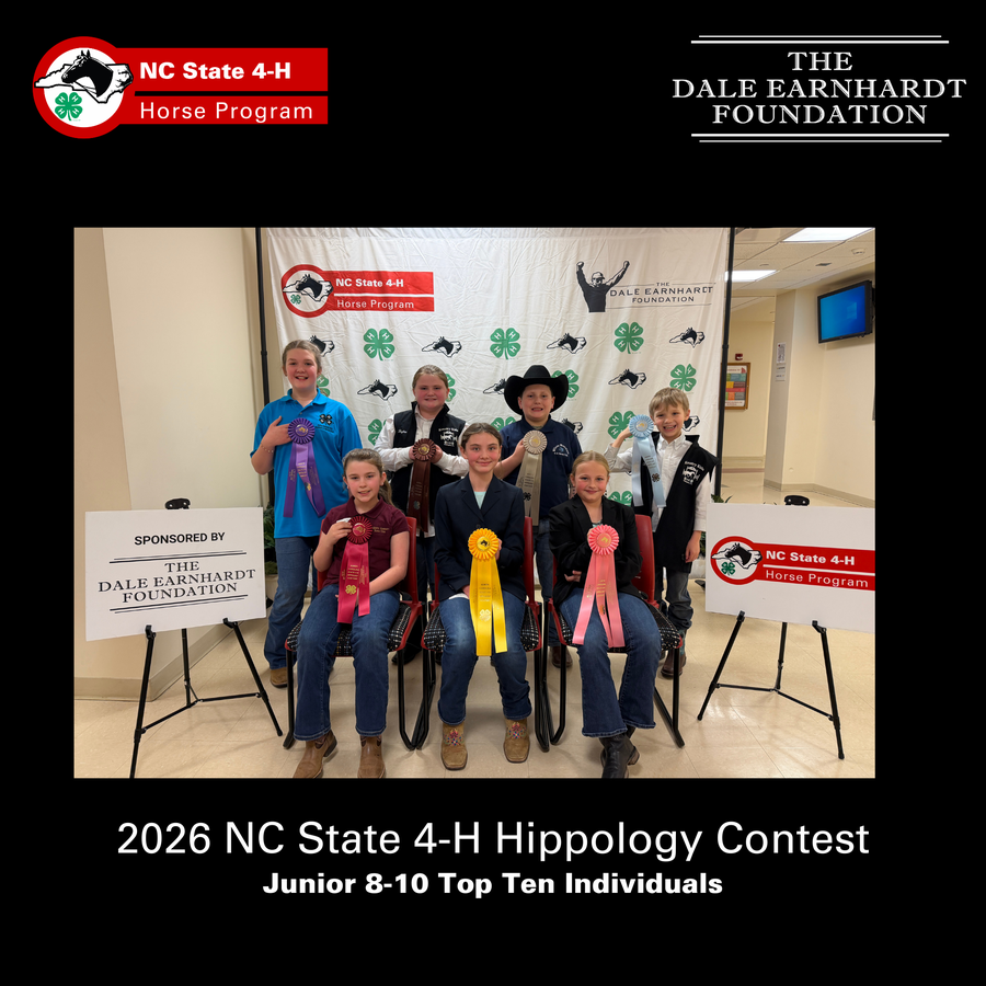 The top ten 8-10 junior individuals and their awards for the 2026 NC State 4-H Hippology Contest