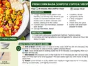 Recipe card for fresh corn salsa featuring sweet corn, tomatoes, cucumber, and other fresh vegetables tossed with herbs and a tangy lime dressing, with ingredients and simple preparation directions.