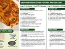 Recipe card for golden-brown corn fritters made with fresh sweet corn, eggs, Greek yogurt, flour, feta cheese, herbs, and seasonings, with ingredients and step-by-step cooking directions.