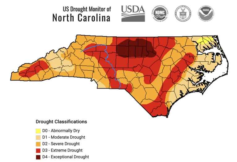 A state map of North Carolina illustrating drought classifications across the state as of July 1, 2026.