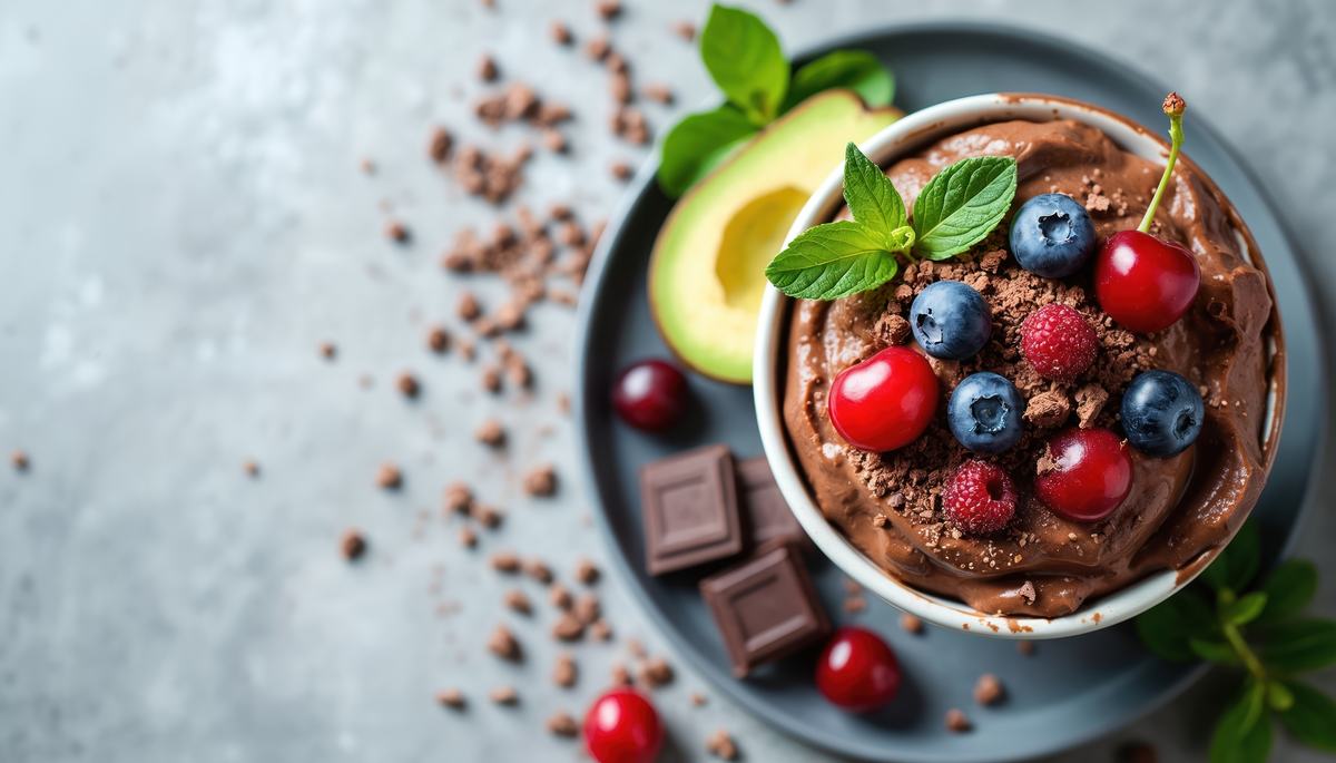 Creamy chocolate avocado mousse in a bowl topped with cherries, blueberries, raspberries, mint and cocoa crumble, served on a plate with an avocado half, chocolate squares and scattered cocoa nibs.