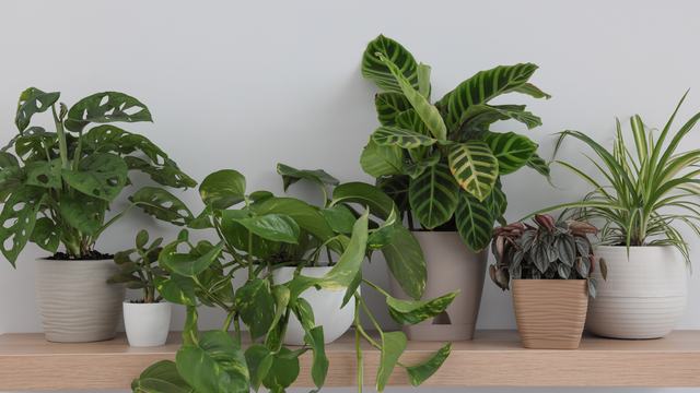 Various species of houseplants in pots on a shelf.