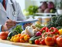 Doctor prescribing an array of colorful produce, image of different fruits and vegetables