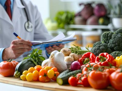 Doctor prescribing an array of colorful produce, image of different fruits and vegetables
