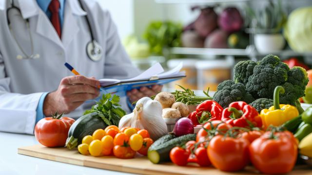 Doctor prescribing an array of colorful produce, image of different fruits and vegetables